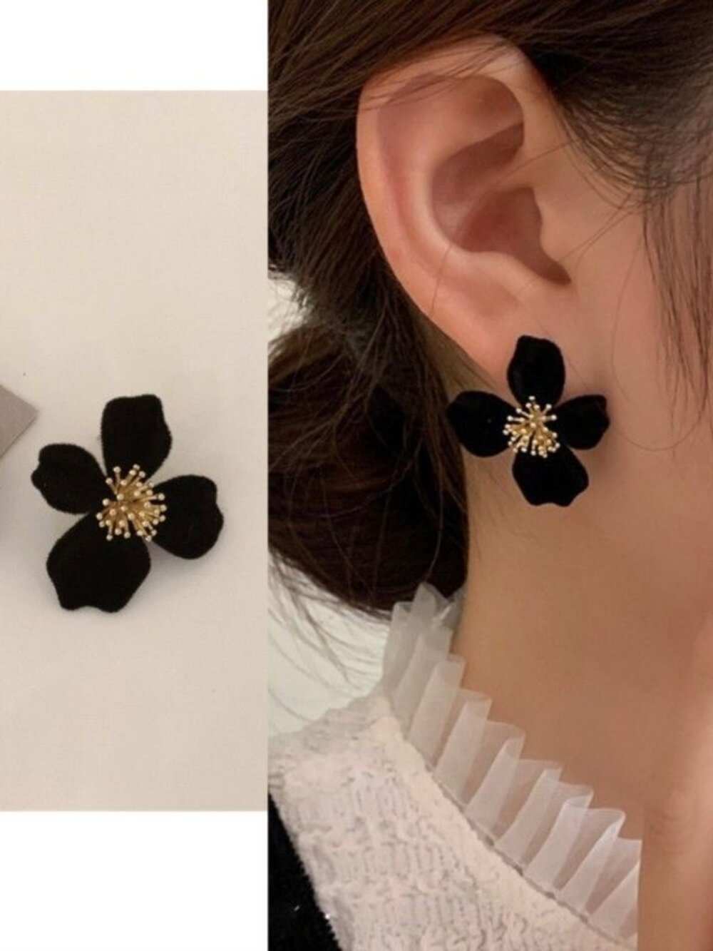 Black Fabric Flower Stud Earrings with Gold-Tone Stamen Elegant Floral Jewelry